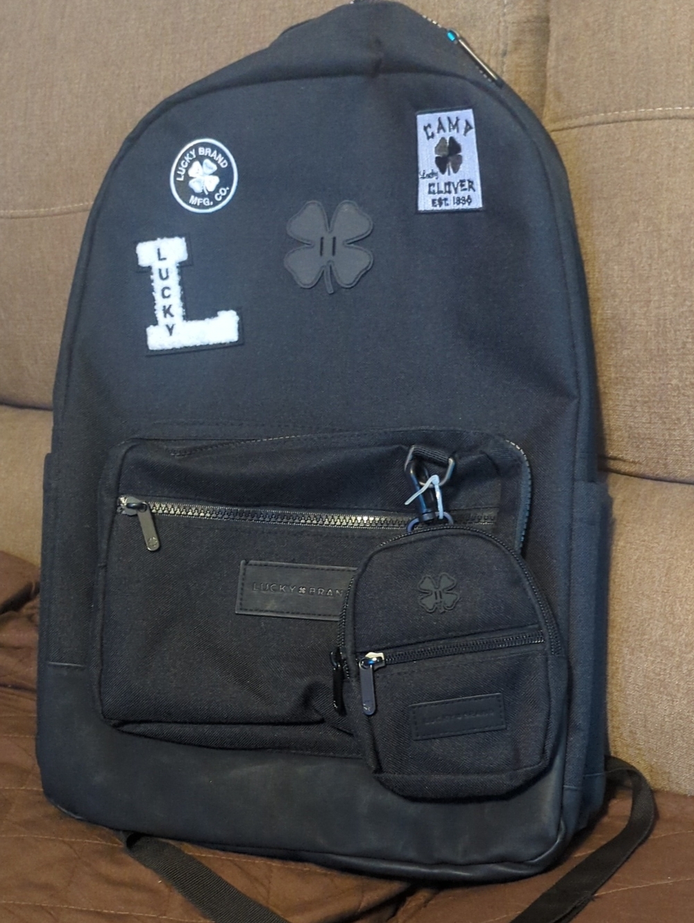 Lucky Brand Black Backpack with Front Pocket and Detachable Pouch